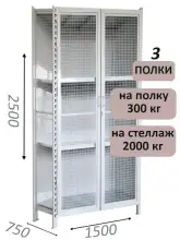 Стеллаж-шкаф СТ-300 с сетчатыми дверьми и сетчатой стенкой 2500х1580х750, 3 полки