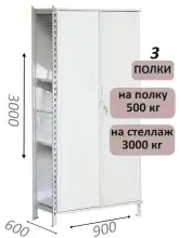 Стеллаж-шкаф СТ-600 с сплошными дверьми и сетчатой стенкой 3000х1000х600, 3 полки
