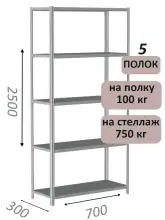 Стеллаж металлический полочный МС 2500х700х300, 5 полок, 100 кг на полку, светло-серый