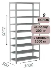 Стеллаж MS Hard 250х100х50, 9 полок